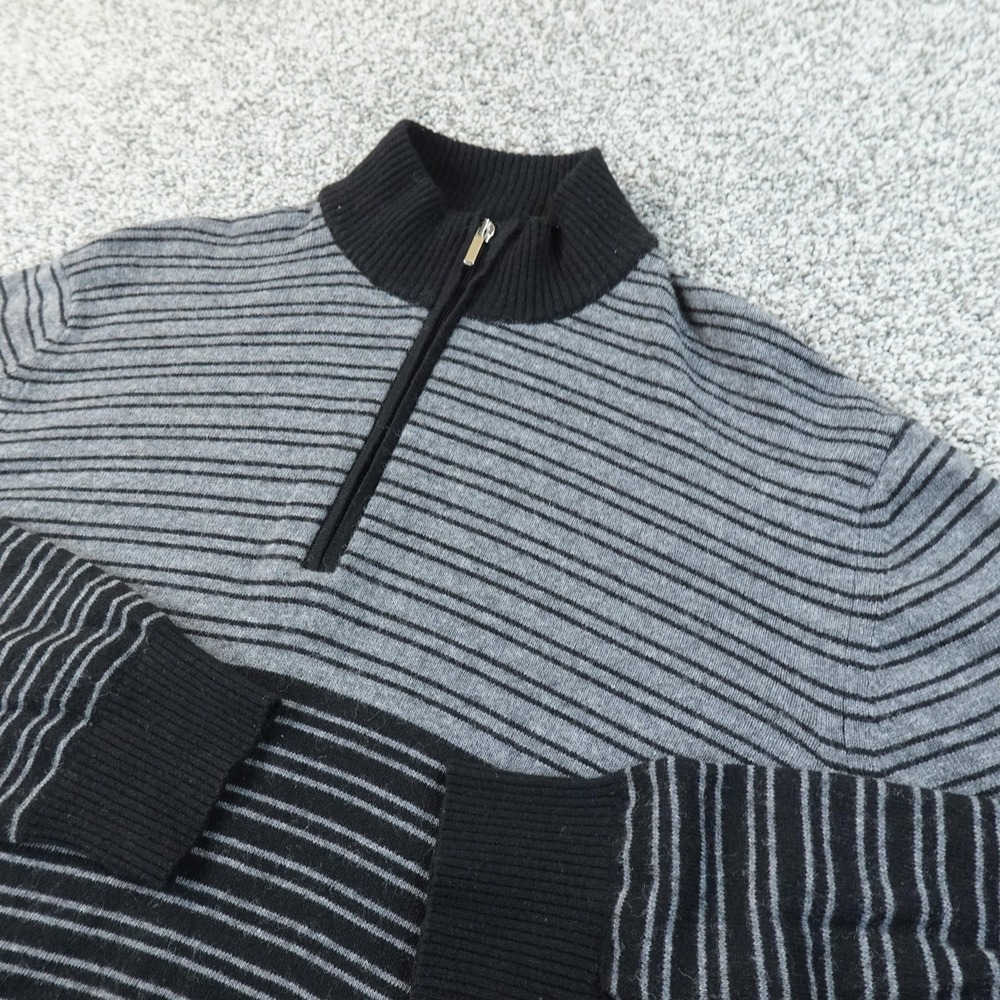 Lambswool Sweater Mens L Gray Stripe 1/4 Zip Mock Neck Knit Pullover‎ Soft Italy